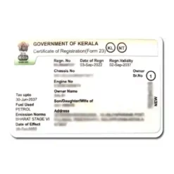 Kerala RC (Vehicle Registration Certificate) ( Smart Card) PVC Card