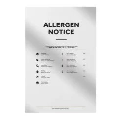 a4 allergen menu notice printed — single sheet allergen print