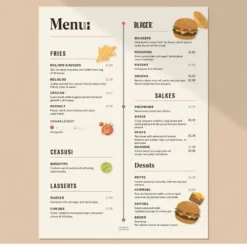 a4 burger bar menu a4 printed — single sheet burger page
