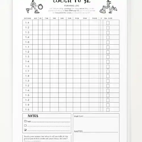 a4 couch to 5k log sheet printed — single sheet couch page