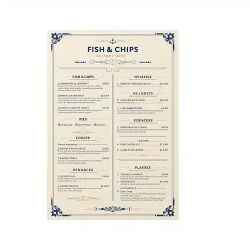 a4 fish and chips menu a4 printed — single sheet fish page