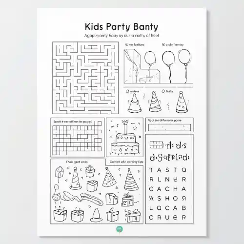 a4 kids party activity sheet printed — single page activity sheet