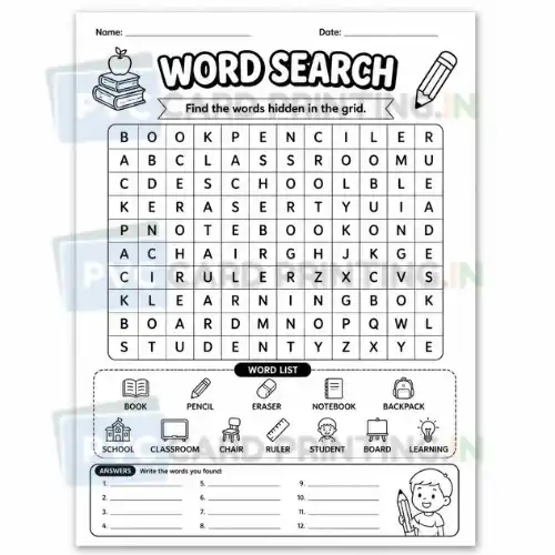 a4 kids word search puzzle sheet printed — school activity game page (2)
