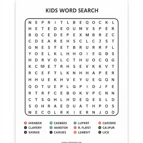 a4 kids word search sheet printed — single page activity sheet
