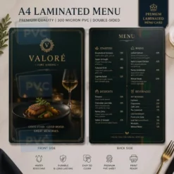 a4 laminated restaurant menu printed — single sheet double sided menu card