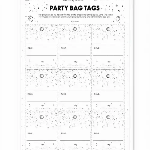 a4 party bag tag sheet printed — single page activity sheet