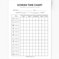 a4 screen time chart printed — single page activity sheet