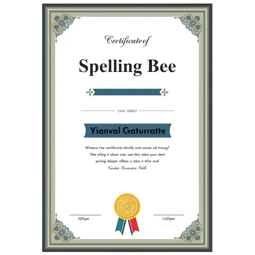 a4 spelling bee certificate printed — single sheet spelling print
