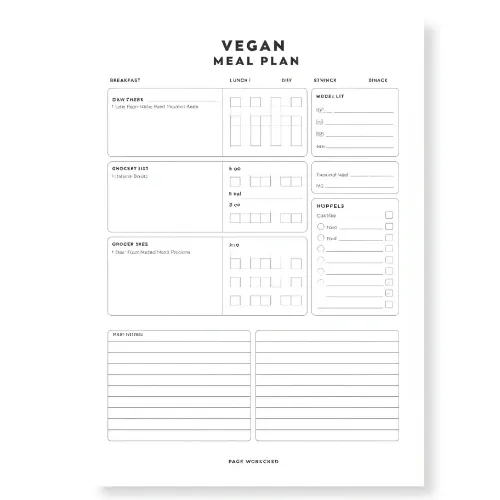 a4 vegan meal plan sheet printed — single sheet vegan page