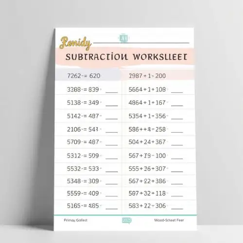 a4 year 2 subtraction worksheet printed — single sheet year practice (1)