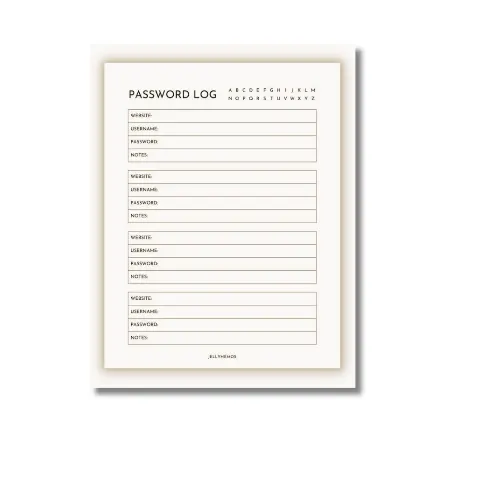 a4 password log sheet printed — single page password organiser sheet